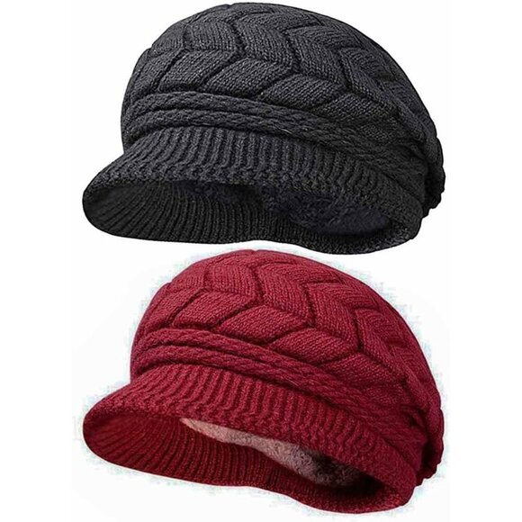 〽️Women’s _2hats(black+wine) Winter Warm Knit Wool Snow Ski Hat with Visor main image 5